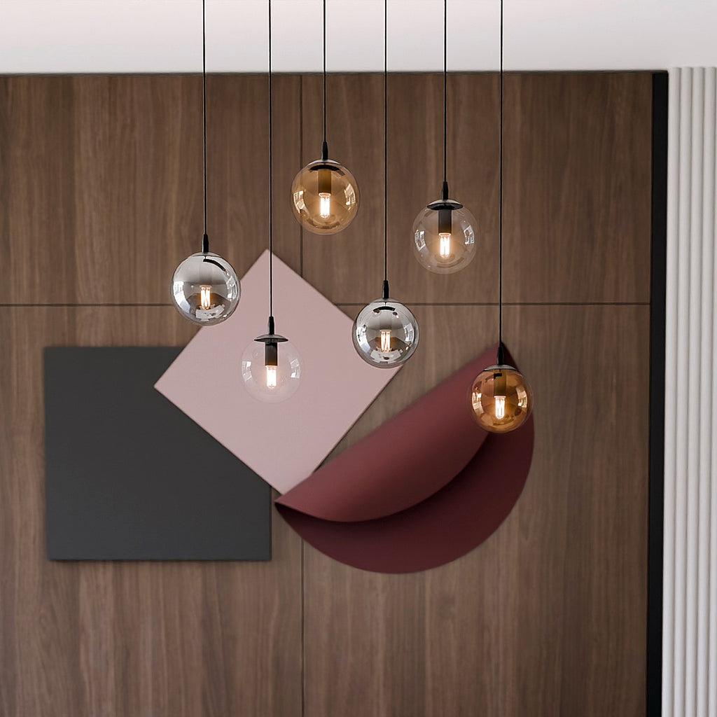 Hanglamp gepoedercoat staal en glas, modern, zwart met transparante, grafiet en amber kappen, 6 lichts, 65 x 120 cm