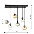 Hanglamp gepoedercoat staal en glas, modern, zwart met transparante, grafiet en amber kappen, 6 lichts, 65 x 120 cm