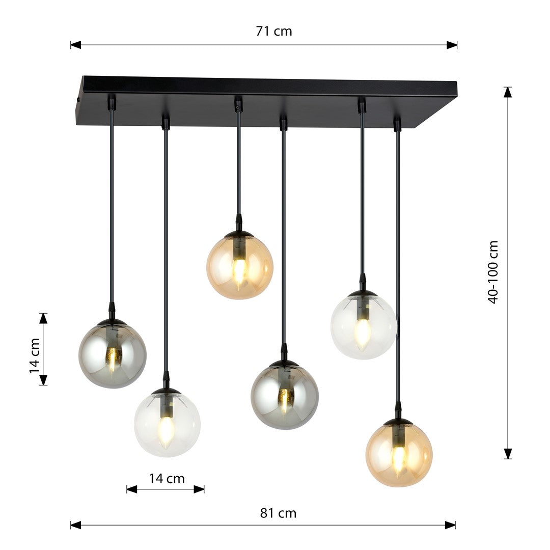 Hanglamp gepoedercoat staal en glas, modern, zwart met transparante, grafiet en amber kappen, 6 lichts, 65 x 120 cm