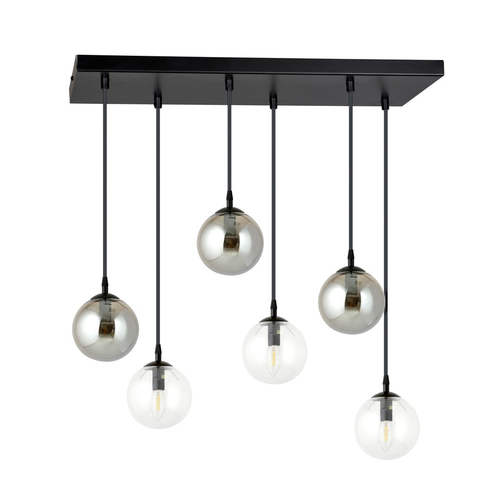 Hanglamp gepoedercoat staal en glas, Cosmo, zwart met transparant en grafiet glas, 6 lichts, E14, 65 x 120 cm