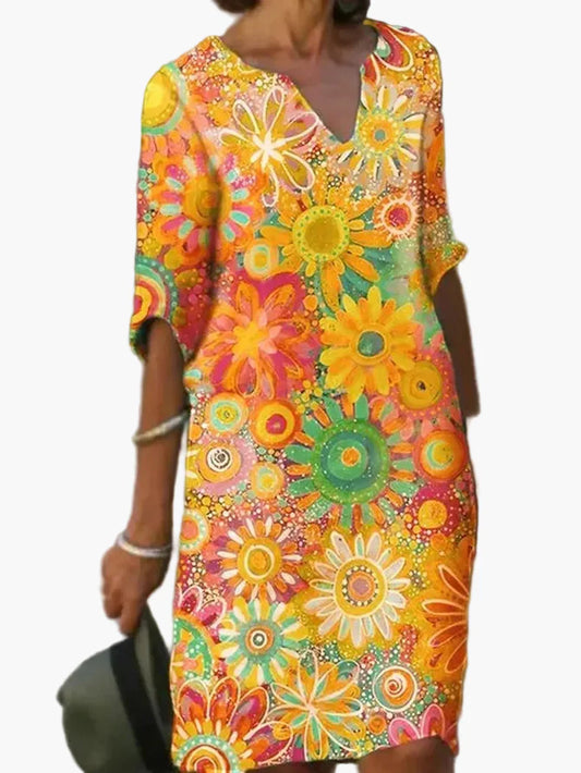 Damen Boho Sommerkleid mit Blumendruck und V-Ausschnitt – Freizeit & Alltag