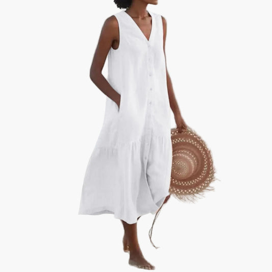 Damen Sommer Strandkleid Ärmellos mit V-Ausschnitt und Knopfleiste – Lässige Freizeitmode