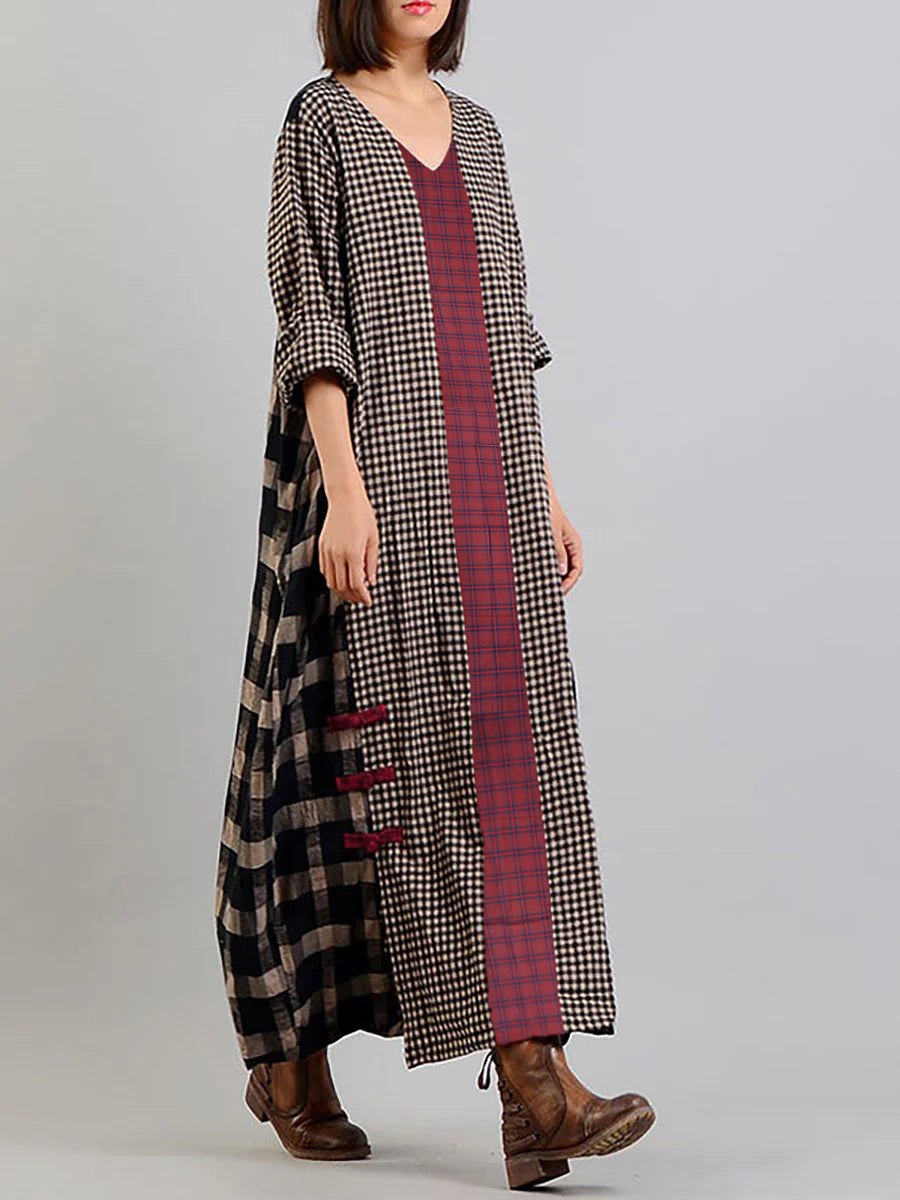 Damen Maxikleid Retro Boho Stil mit Karomuster und V-Ausschnitt – Lässiges Freizeitkleid