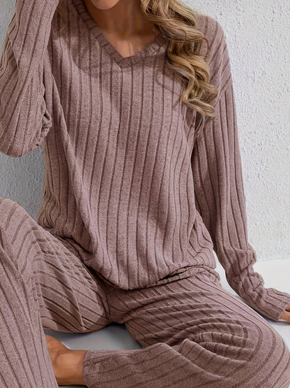 Women's rib-knit lounge set with V-neck long-sleeve top and wide-leg pants