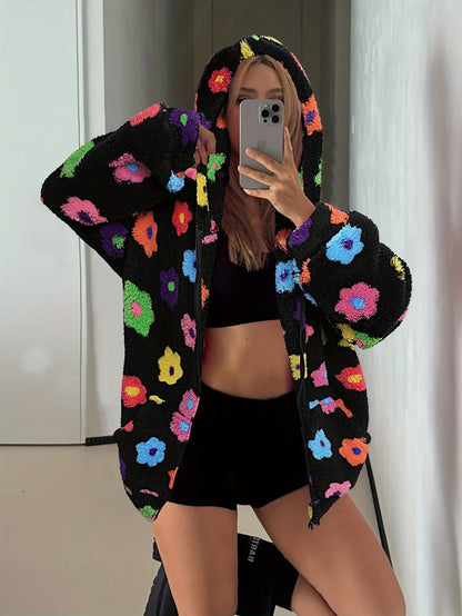 Hooded teddy jacket with colorful floral patterns and a zipper