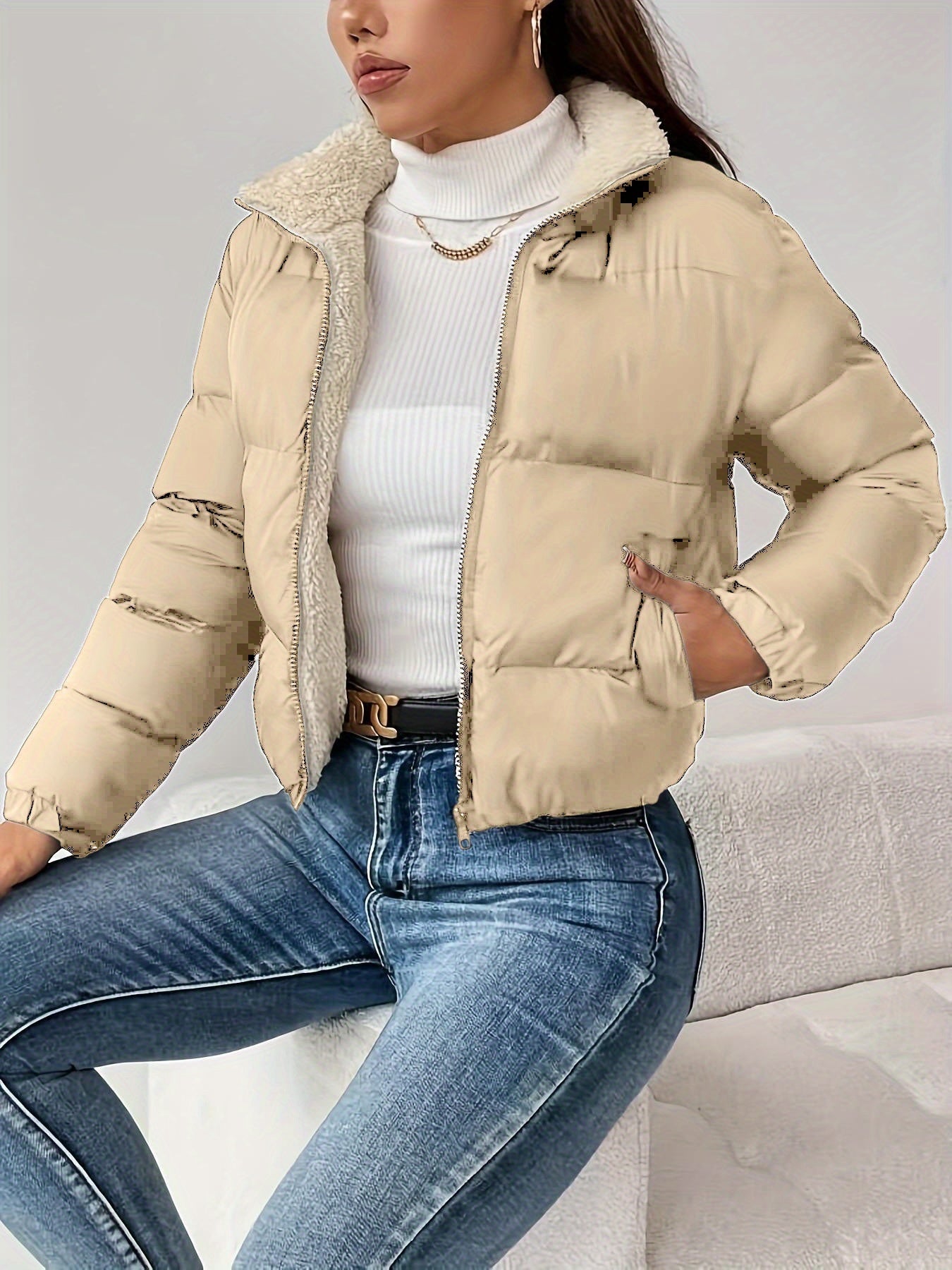 Women's Short Quilted Jacket with Teddy Lining and Zipper