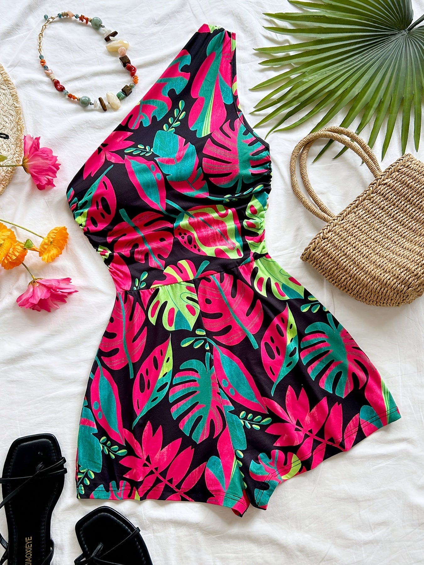 Women's One-Shoulder Jumpsuit with Tropical Print – Summer Fashion for Vacation & Leisure