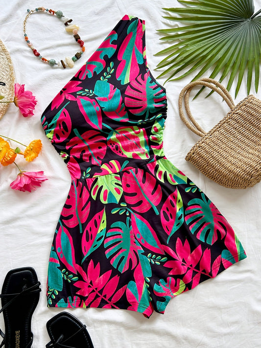 Women's One-Shoulder Jumpsuit with Tropical Print – Summer Fashion for Vacation & Leisure