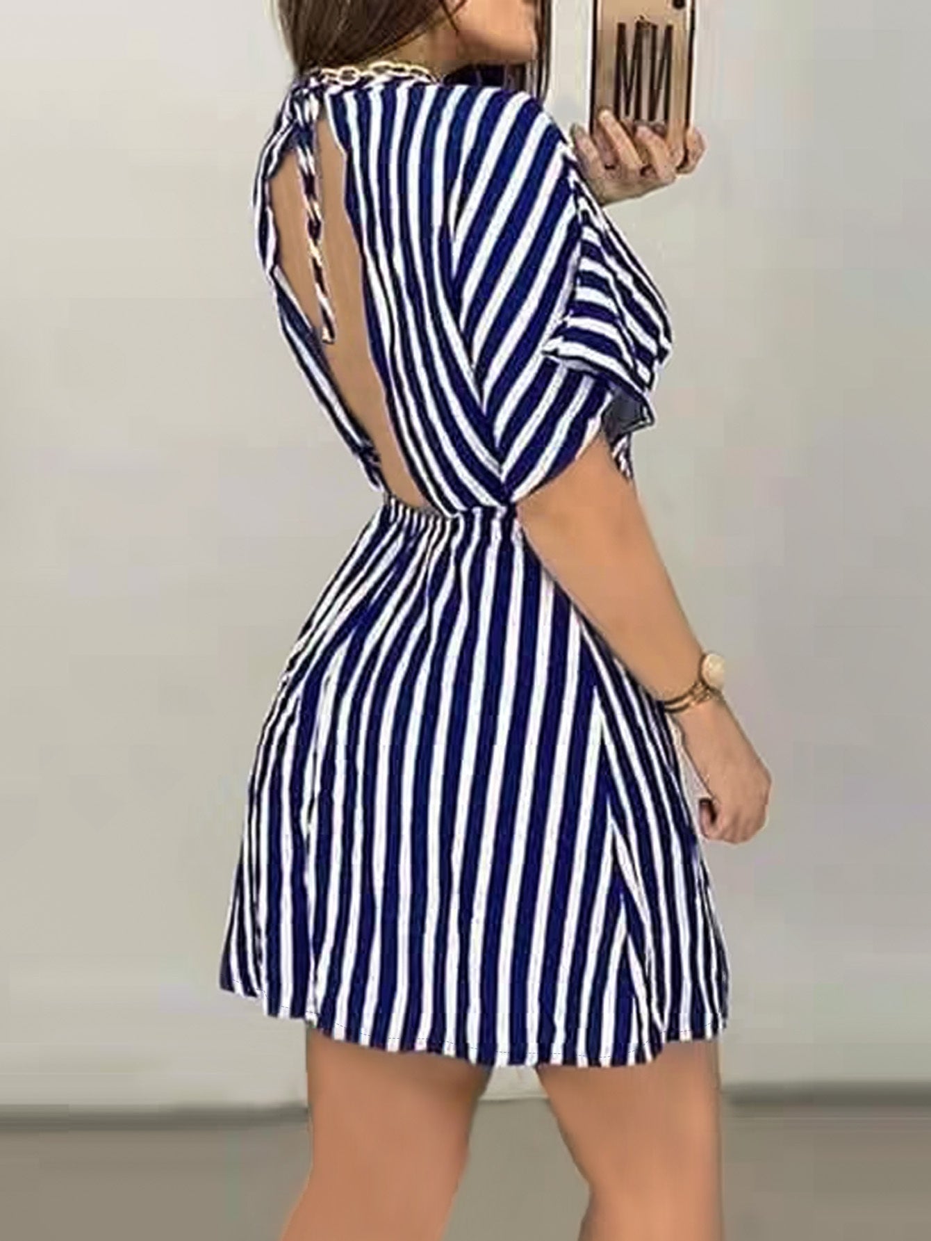 Women's Sexy Backless Striped Mini Dress for Spring and Summer – Elegant Casual Dress with V-Neck