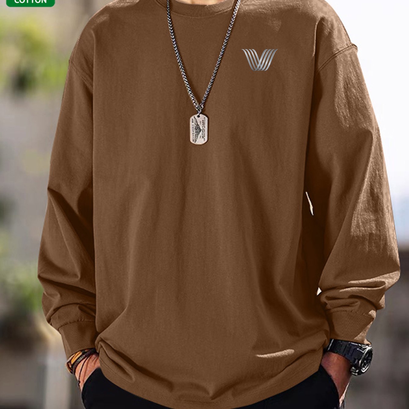 Men's long-sleeve crew-neck casual T-shirt, solid color with logo