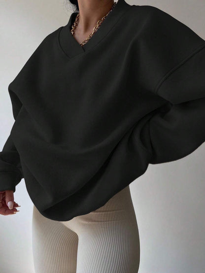 Black oversized V-neck sweatshirt for women