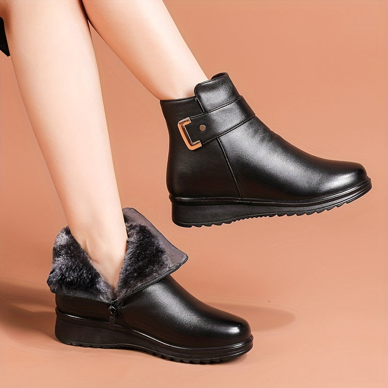 Damen Stiefeletten warm gefüttert Winter Boots mit Riemen und Schnalle