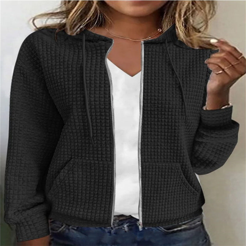Linda – Langer Damen Cardigan mit Reißverschluss und Kapuze