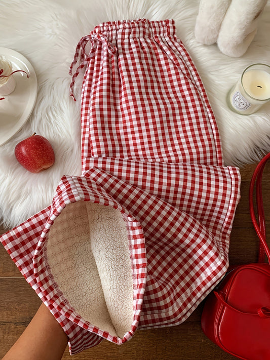 Plaid women's lounge pants, red and white, comfortable and lined