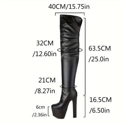Over-the-knee boots with high heels and a platform, black or red