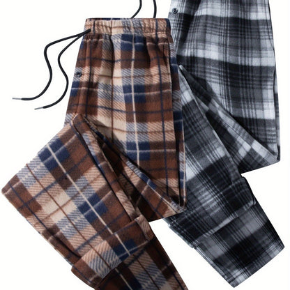 Men's plaid jogger pants, fleece look, elastic waistband