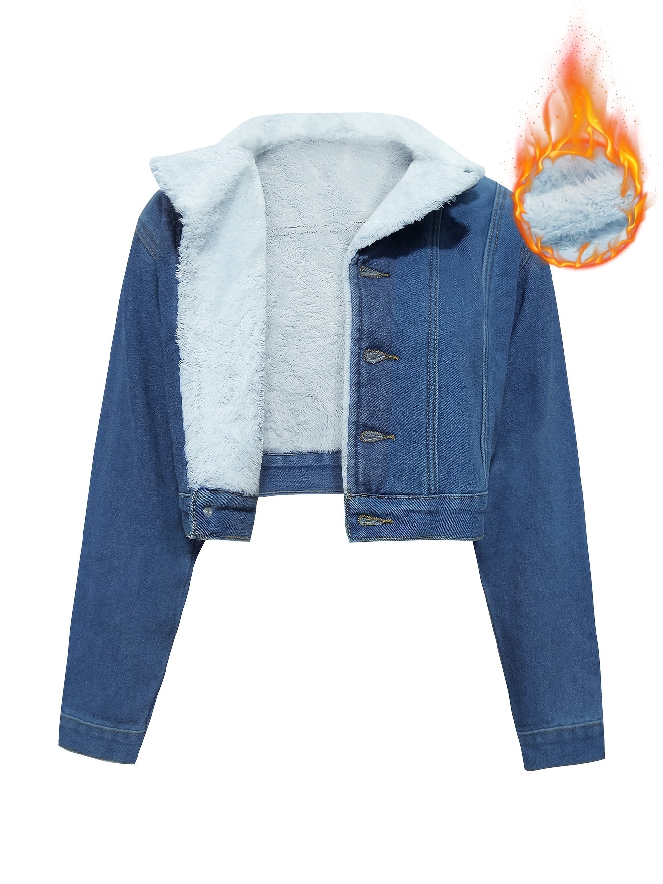 Women's cropped denim jacket with teddy lining, blue denim