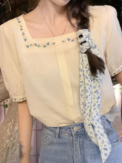 Women's Blouse with Embroidery and Square Neckline – Elegant Spring and Summer Style
