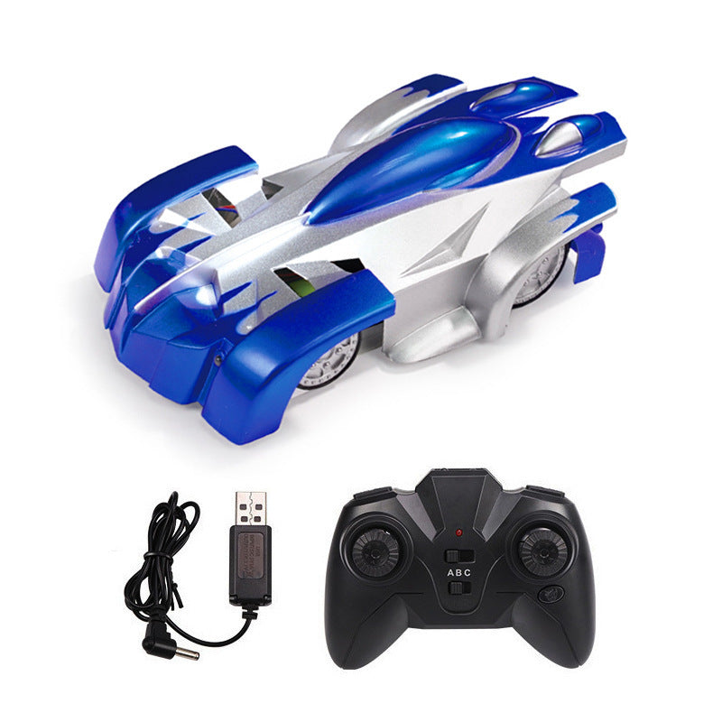 Remote-controlled wall and floor vehicle for children and adults – stunt car with LED light and 360° rotation