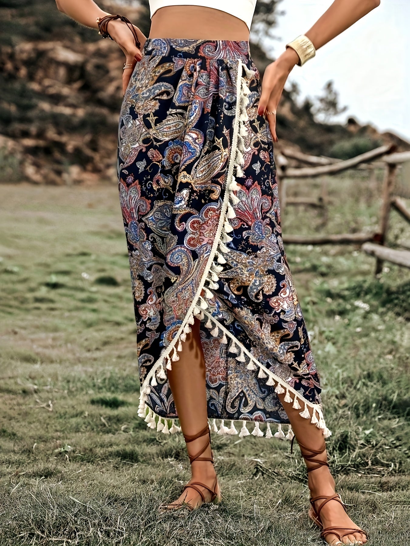 Women's Boho Wrap Midi Skirt with Paisley Pattern and Tassels – Summer Festival Style