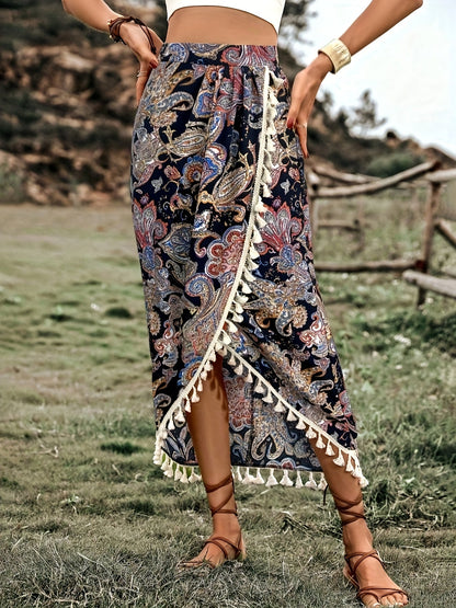 Women's Boho Wrap Midi Skirt with Paisley Pattern and Tassels – Summer Festival Style