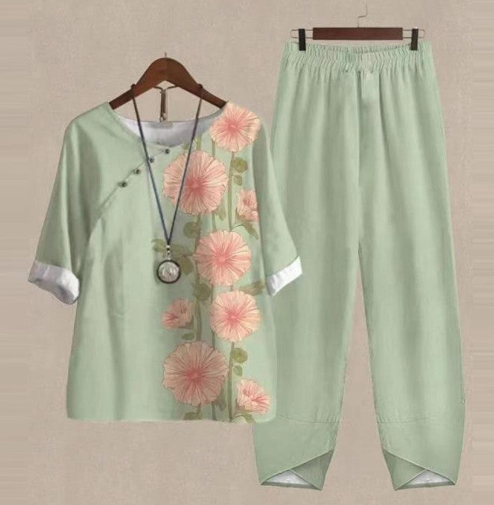 Emma – Bedrucktes Oberteil mit fünf Viertel Ärmeln und zwei Hosen