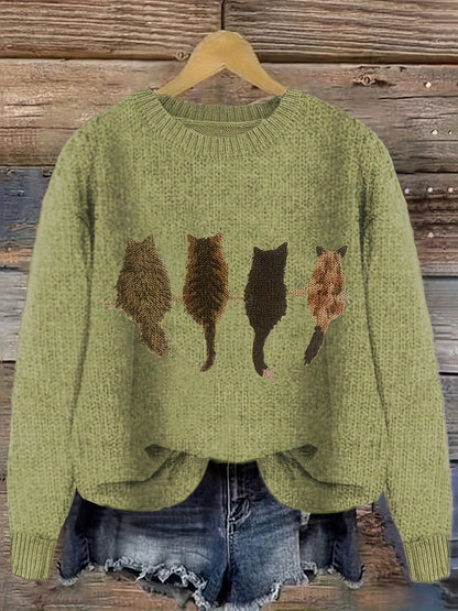 Women's knitted sweater with round neckline and cat motif