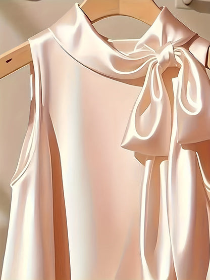 Women's Elegant Sleeveless Blouse with Bow and Stand Collar – Perfect for Going Out or Office