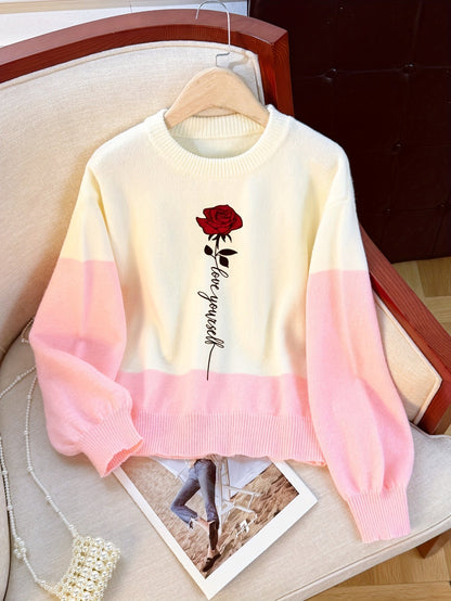 Women's sweatshirt with rose print, long sleeves, crew neck, white-pink