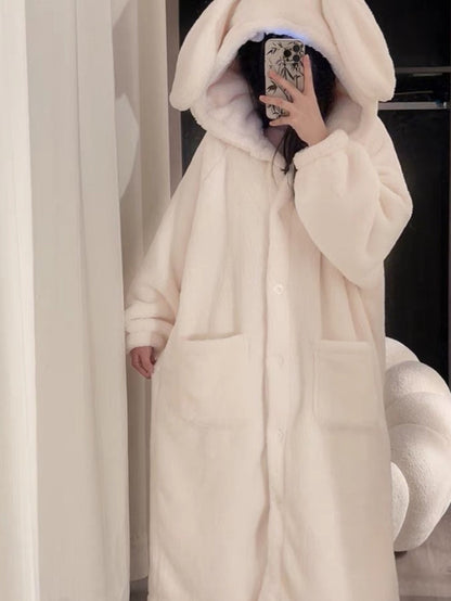 Unisex Plüsch Bademantel Hase mit Kapuze Langarm Weich Creme