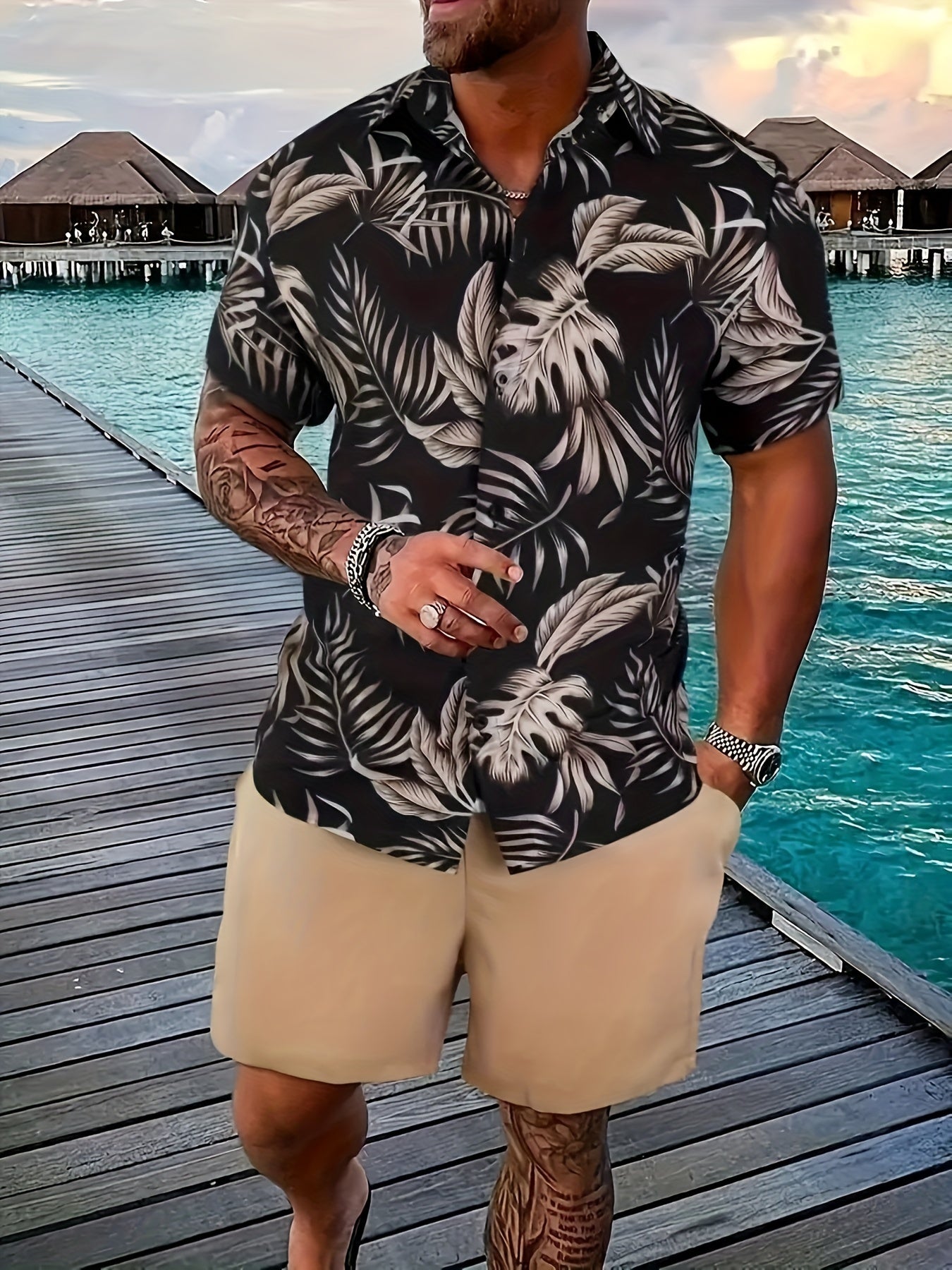 Men's Summer Set – Casual Short-Sleeve Shirt with Tropical Print and Shorts, Ideal for Vacation & Leisure