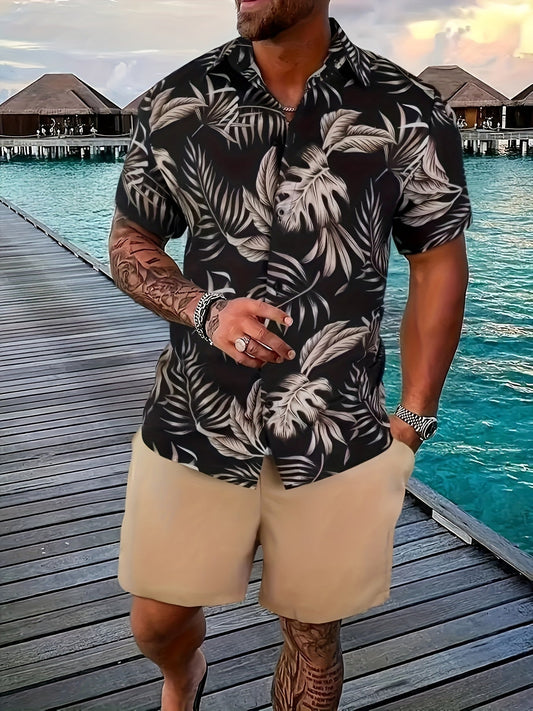Men's Summer Set – Casual Short-Sleeve Shirt with Tropical Print and Shorts, Ideal for Vacation & Leisure