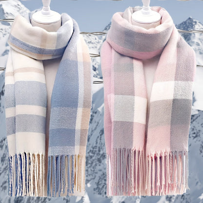 Plaid Scarf with Fringes – Soft & Warm, Pink-Gray-White