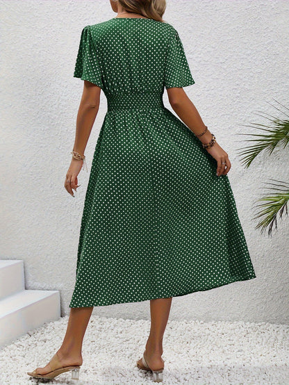 Women's Summer Polka Dot Maxi Dress with Short Sleeves and V-Neck – Casual & Vacation