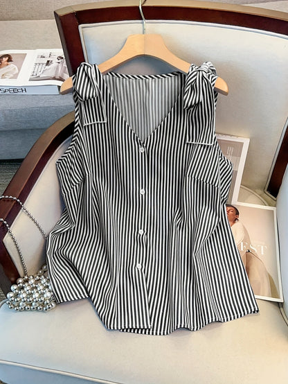 Women's blouse top with stripe pattern and button placket – Elegant V-neck, ideal for office and everyday wear