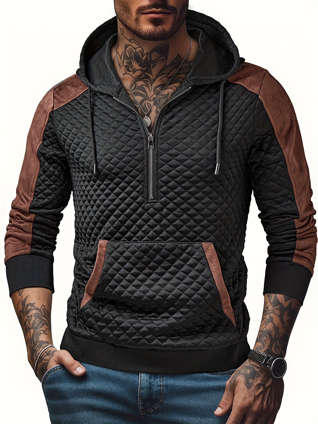 Men's quilted hoodie with half-zip and hood