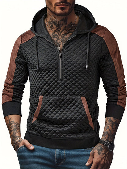 Men's quilted hoodie with half-zip and hood