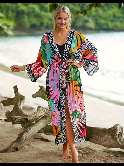 Women's Long Beach Kimono with Tropical Print and Animal Details – Perfect for Vacation & Resort