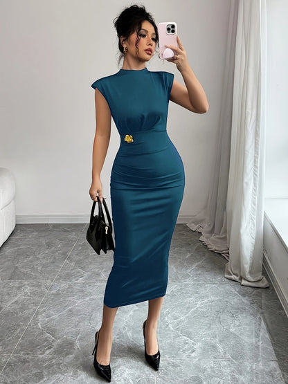 Women's Elegant Bodycon Midi Dress with Shoulder Pads – Perfect for Special Occasions and Business