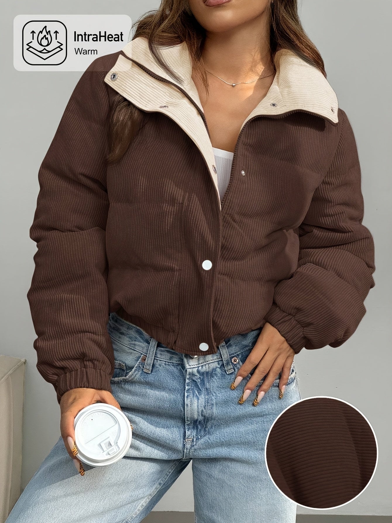 Damen Cord Pufferjacke Kurz Reverskragen Beige Rosa