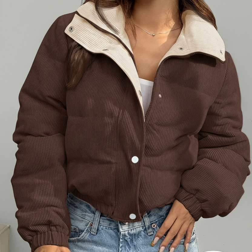 Damen Cord Pufferjacke Kurz Reverskragen Beige Rosa