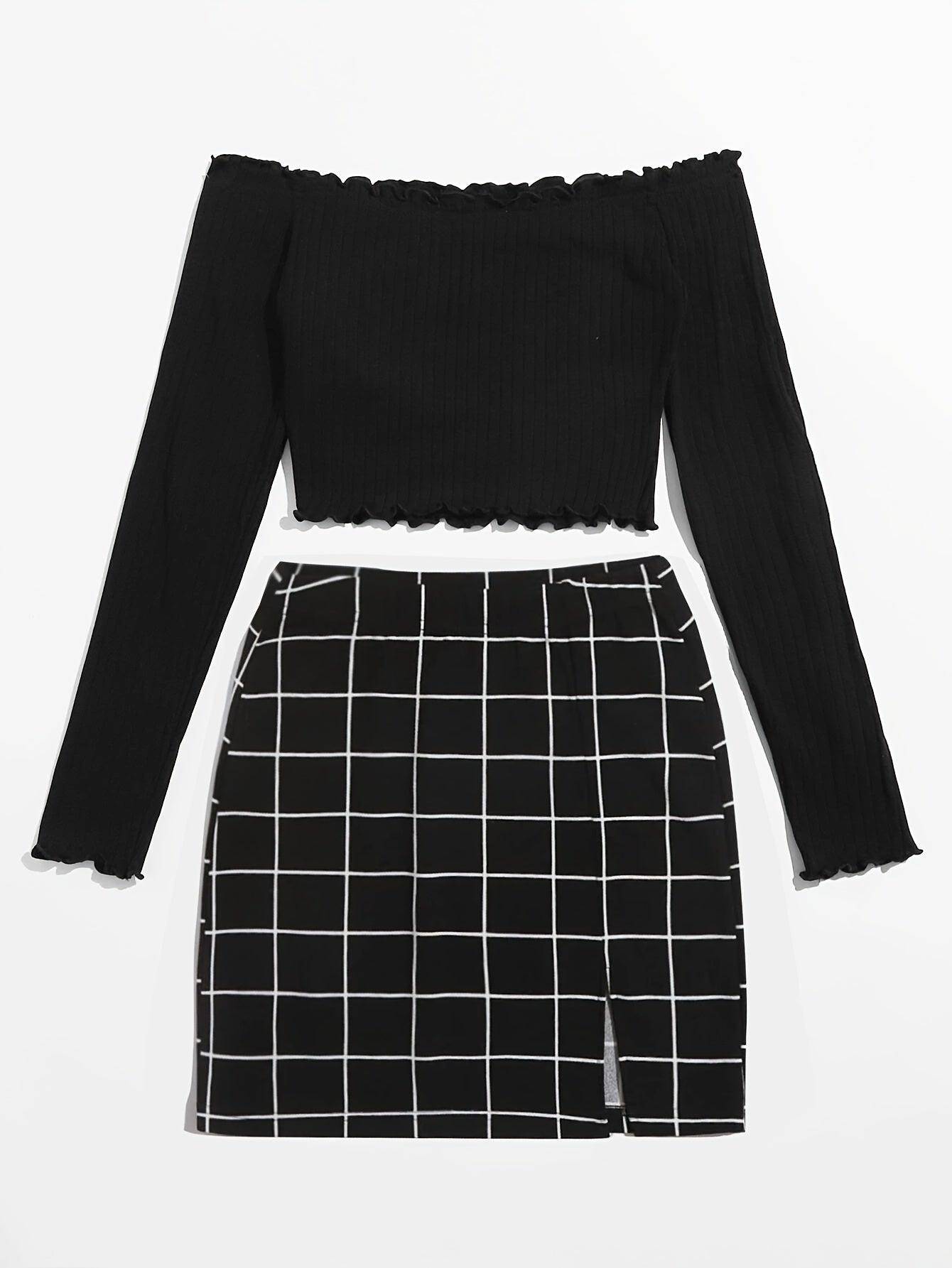 Women's Off-Shoulder Set with Long-Sleeve Shirt and Plaid Skirt – Fashionable Outfit for Everyday and Leisure