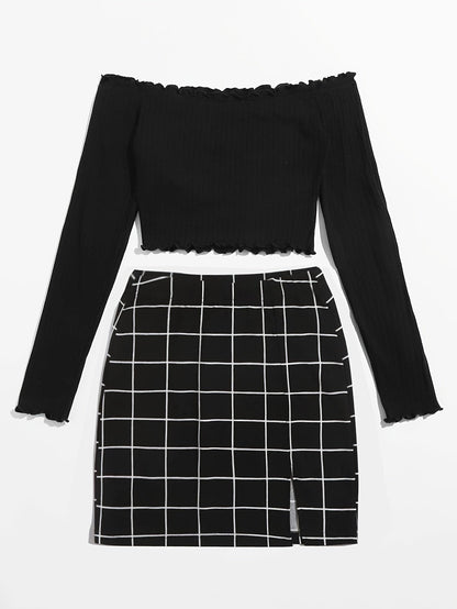 Women's Off-Shoulder Set with Long-Sleeve Shirt and Plaid Skirt – Fashionable Outfit for Everyday and Leisure
