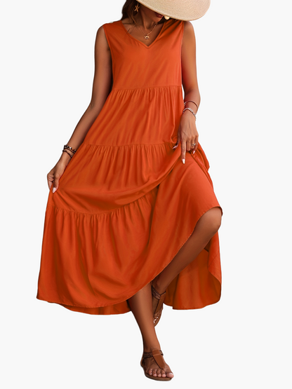 Women's Summer Maxi Dress Elegant with Tiered Skirt and V-Neck – Perfect for Leisure & Vacation
