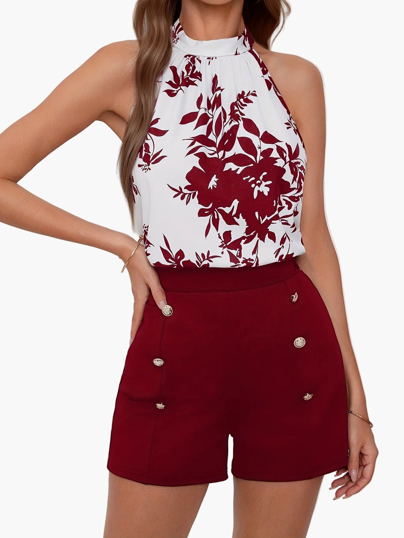 Women's Elegant Jumpsuit with Floral Pattern and Button Details – Perfect for Vacation and Summer