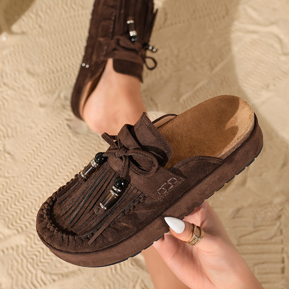 Women's Vintage Moccasin Sandals with Fringe and Beads for Summer