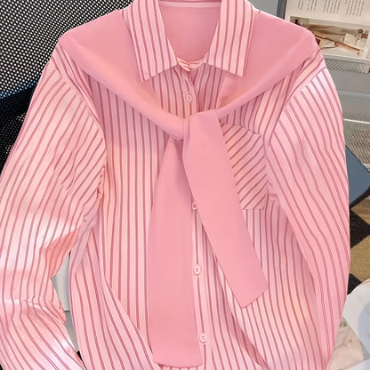 Women's striped blouse with tie detail, long-sleeve shirt blouse with chest pocket