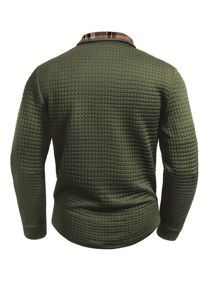 Men's long-sleeve polo shirt with waffle texture and checked pattern