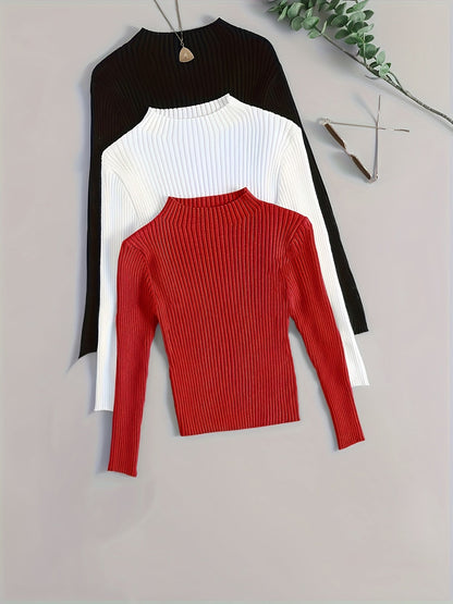 Gerippter Langarm-Pullover mit Stehkragen für Damen, einfarbig