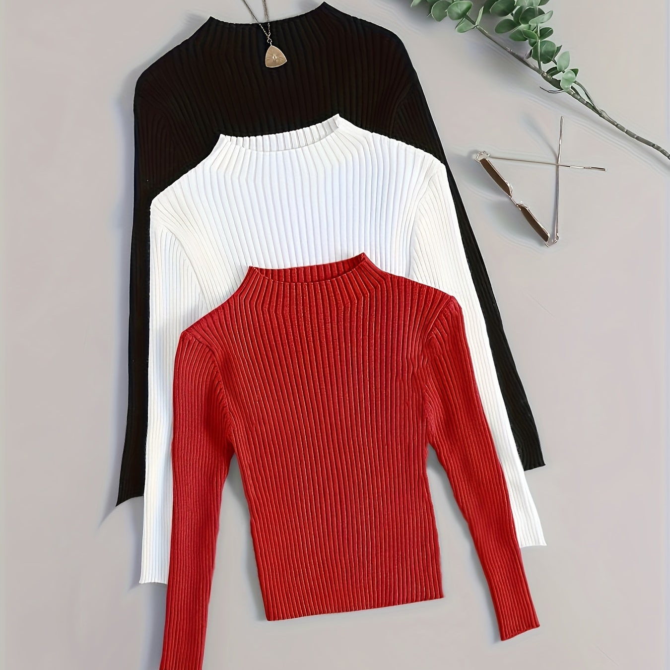 Gerippter Langarm-Pullover mit Stehkragen für Damen, einfarbig